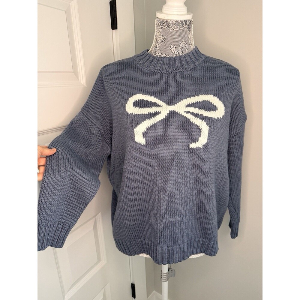 Sincerely Jules Bow Sweater Blue Oversized Knit Pullover Women's Small